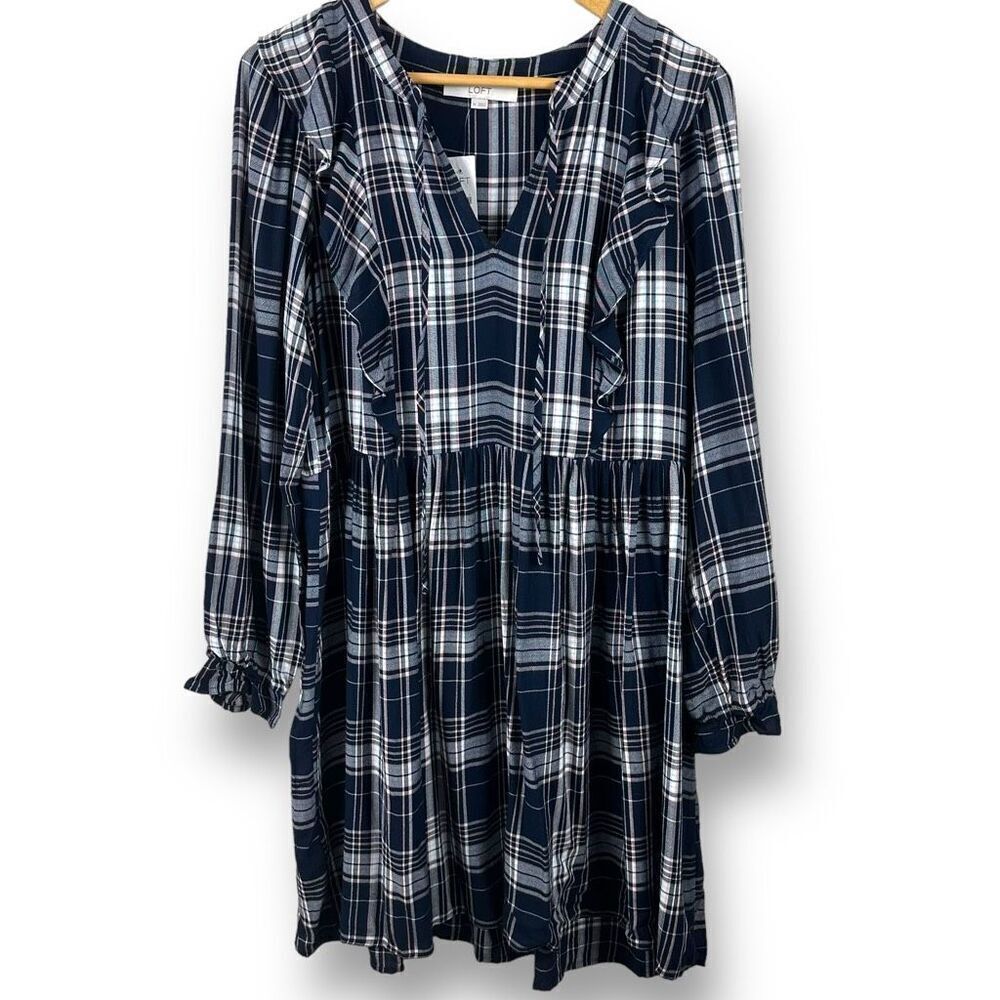 Loft Women's Size M Long Sleeve Plaid Shirt Dress Blue With Ruffle‎ Trim New